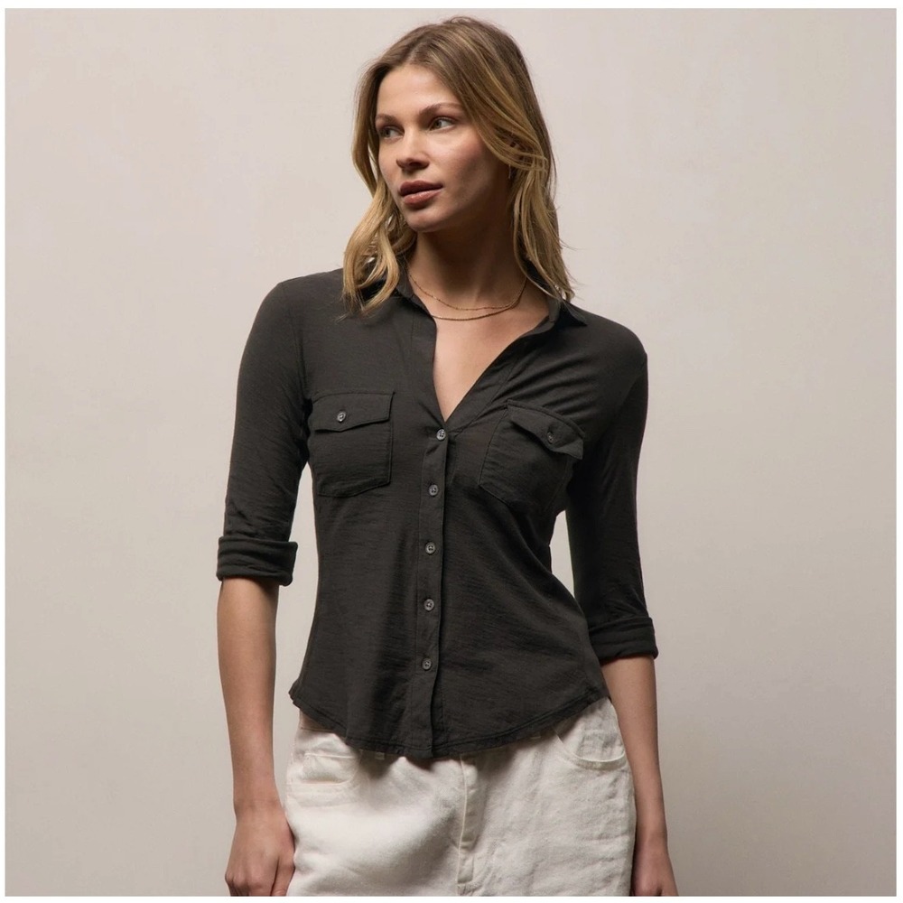 James Perse Sheer Slub Side Panel Shirt 3 L Charcoal Cotton WUA3042 Minimalist